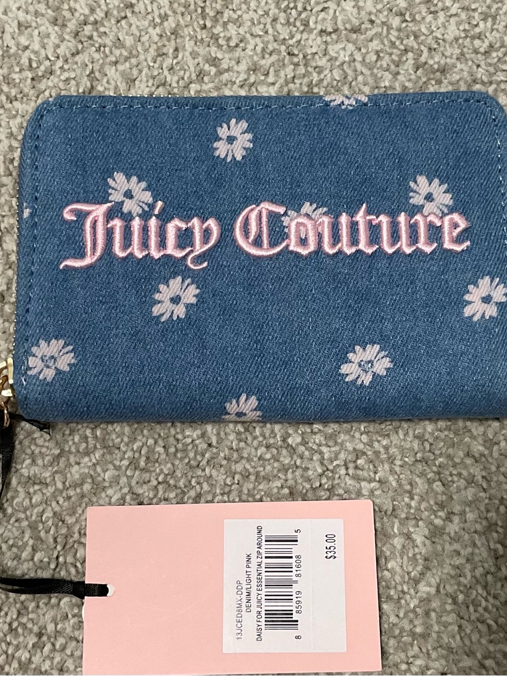 Juicy Couture Denim Floral Zip Wallet with Pink Embroidered Logo